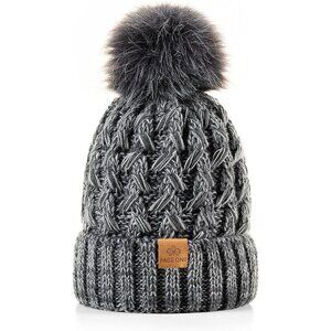 Women’s Mixed Dark Grey Winter Ribbed Beanie Hat Chunky Cable Knit Pompom Warm